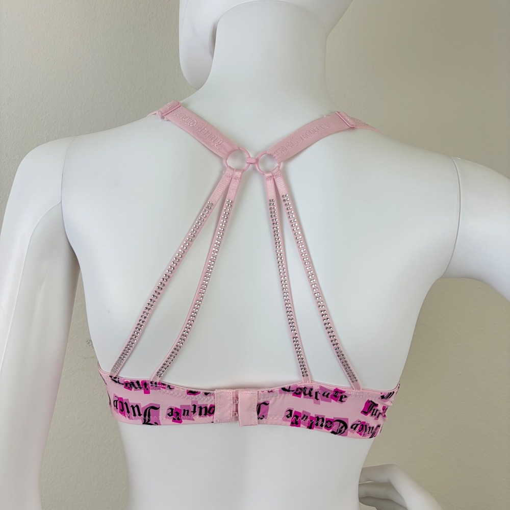 Juicy Couture 36C Pink Gothic Logo Padded Bra Rhinestone Straps Y2K Convertible
